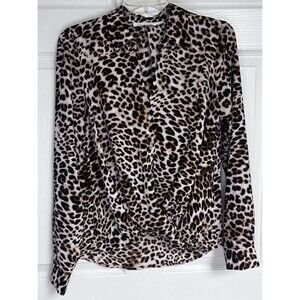 All in Favor Shirt S Cheetah Print Twist Front Button Up High Low Hem Blouse